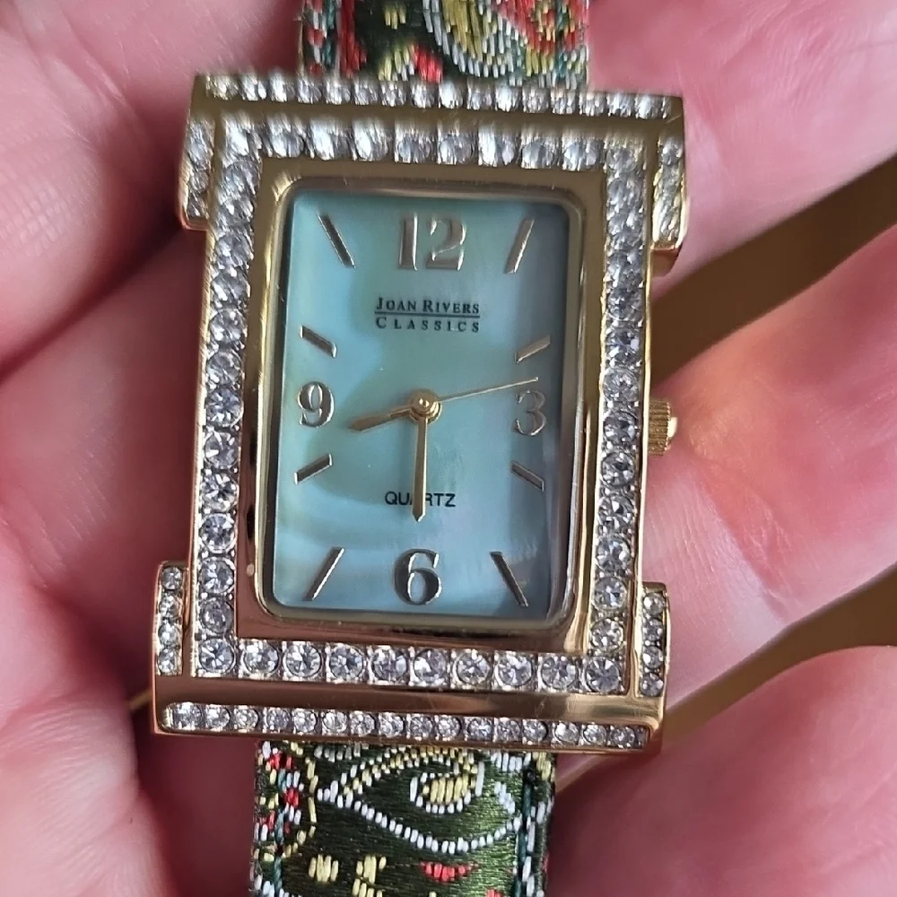 Joan Rivers Shell Face With Crystal Accents and Green Pasley Watch Band